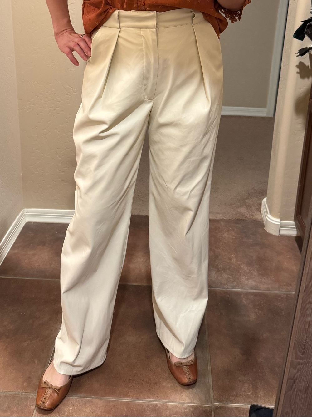 Mother High-Waist Cream Pleated Wide-Leg Pants